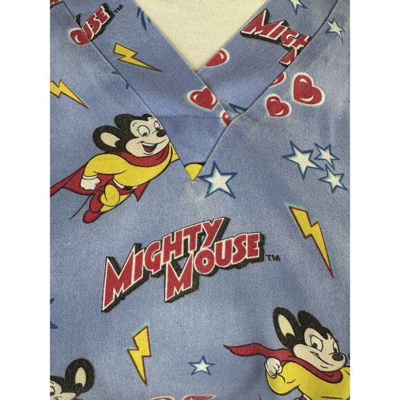 ✨2/$20 Mighty Mouse Cartoon Graphic Nurse CNA V-Neck Scrub Top Blue Size Large - Picture 12 of 16